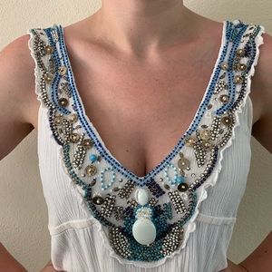 BCBG irls maxi dress Women's Medium (6/8) White crepe beaded BOHO lined sundress